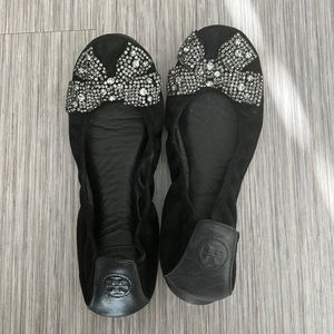 Tory Burch black suede embellished flat